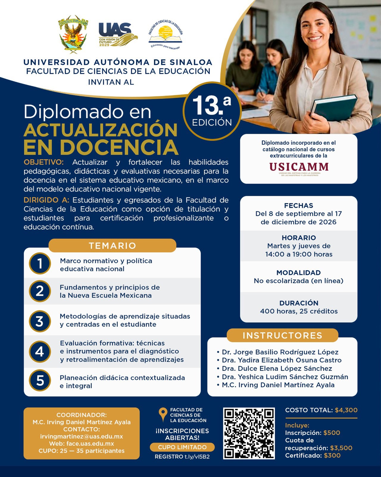 Convoca la Facultad de Ciencias de la Educación de la UAS al 13.° Diplomado en Actualización Docente, con opción a titulación y valor curricular